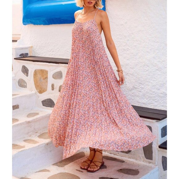 Floral Backless Pleated Sleeveless Cami Dress Pink - Picture 2 of 7